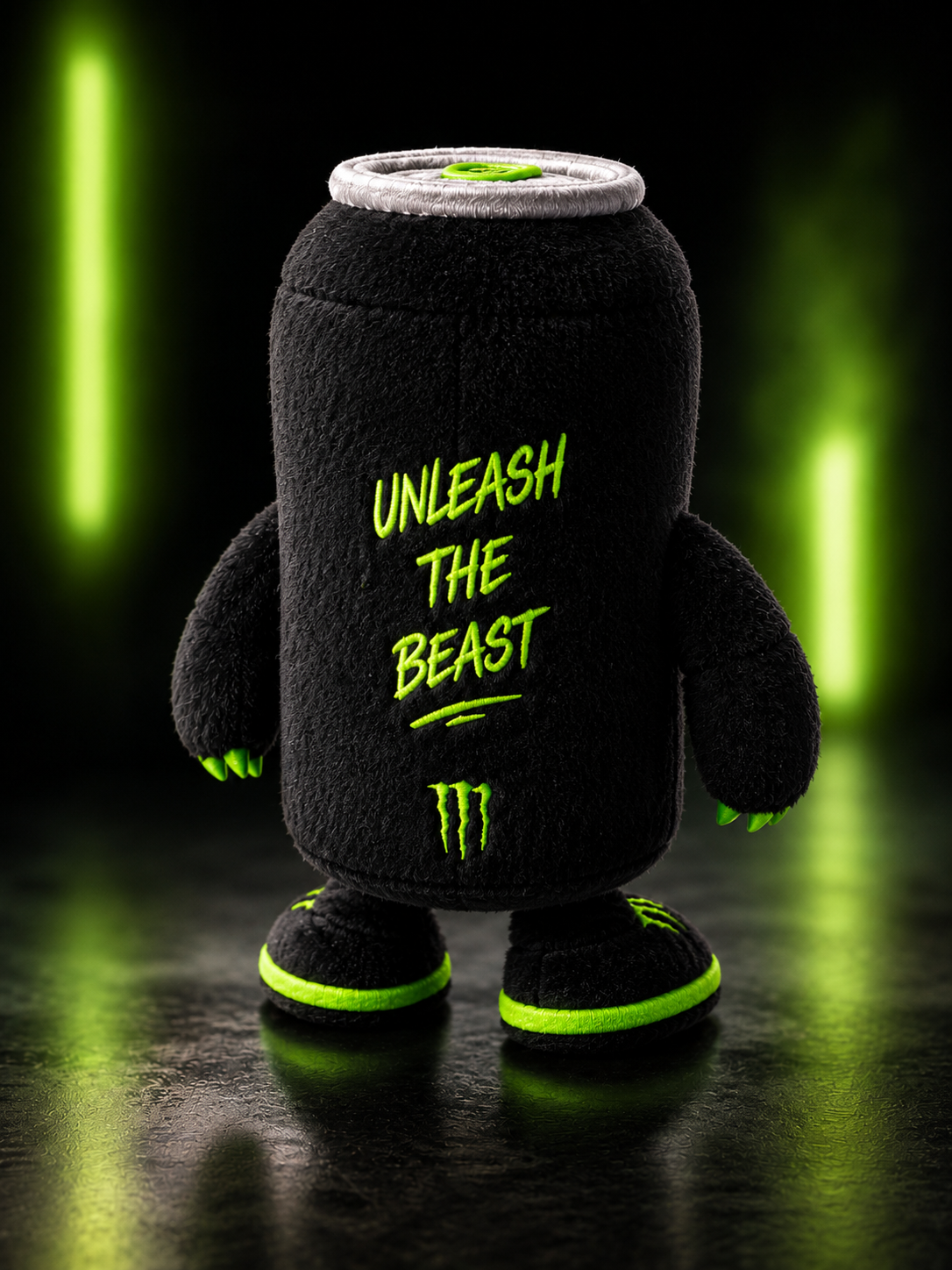 Verso da pelúcia Monster Energy com o bordado Unleash the Beast